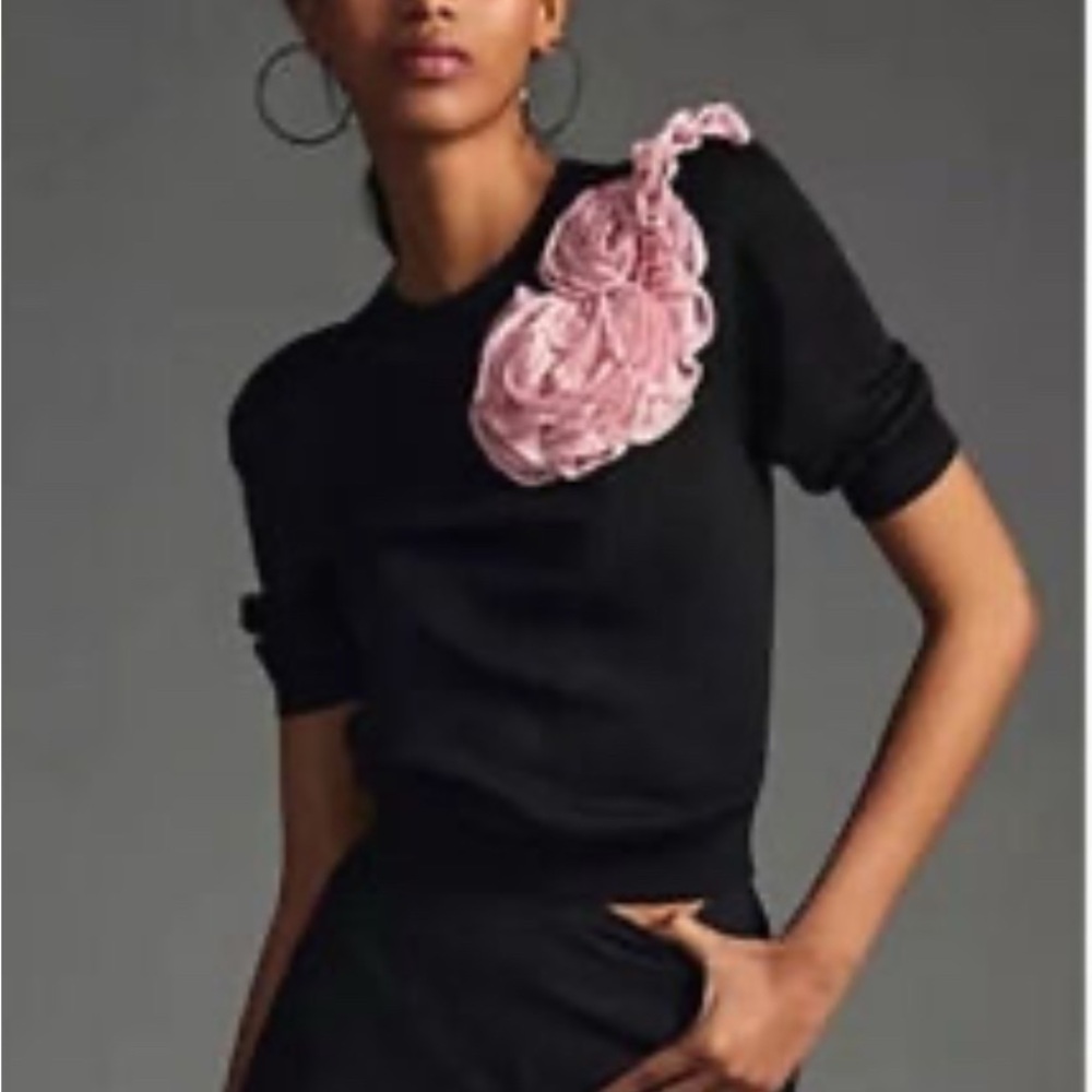Anthropologie Black Sweater with Pink Floral Detail